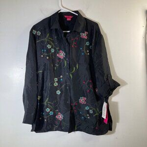 Womens Sunny Leigh Silk Button Shirt Embroidered Florals Roll‎ Sleeve Black M
